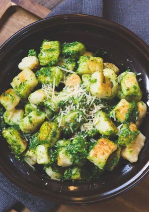 A picture of Crispy Kabocha Gnocchi with Walnut Pesto.