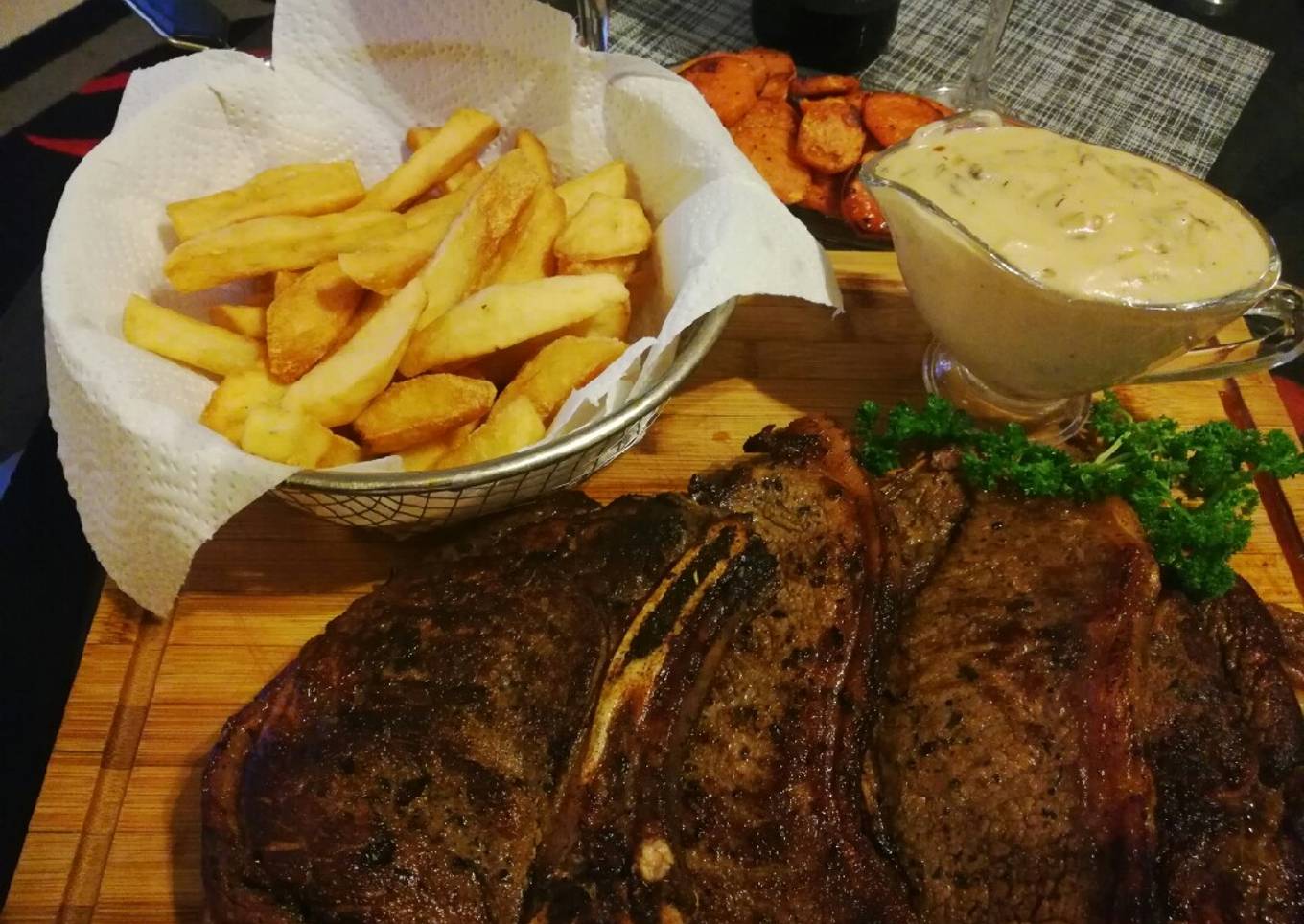 Mushroom sauce served with steak & chips