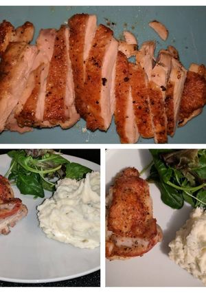 A picture of Crispy Skin Chicken W/ Sour Cream and Chives Mashed Potatoes.