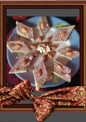 A picture of Kaju and Badam Katli (Cashew and Almond Fudge).