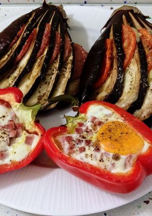 A picture of Oven-Baked Stuffed Eggplants and Red Peppers.