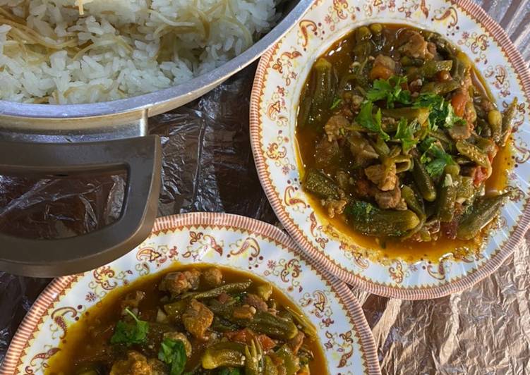 بامية شامية مع الرز المصري بشعيرية 🍛