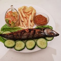 Chips and grilled Mackerel fish A picture of Chips and grilled Mackerel fish.