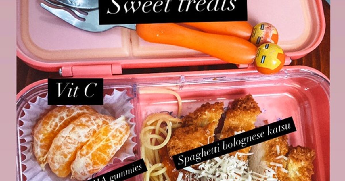 Lunch box simple anak sd spaghetti bolognese with chicken katsu