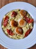 Risotto de st Jacques, poireaux et chips de chorizo