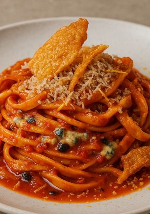 Una foto de Pasta italiana con salsa costa azzurra