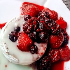 A picture of Baked Camembert with Red Wine and Berry Sauce (Vegetarian).