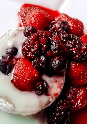 A picture of Baked Camembert with Red Wine and Berry Sauce (Vegetarian).