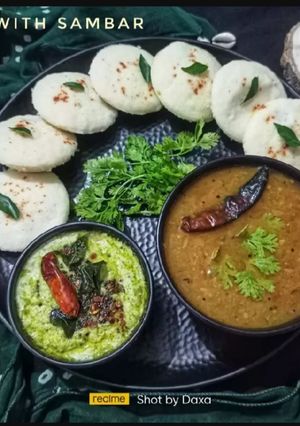 A picture of South Indian Rice Idli With Sambar.