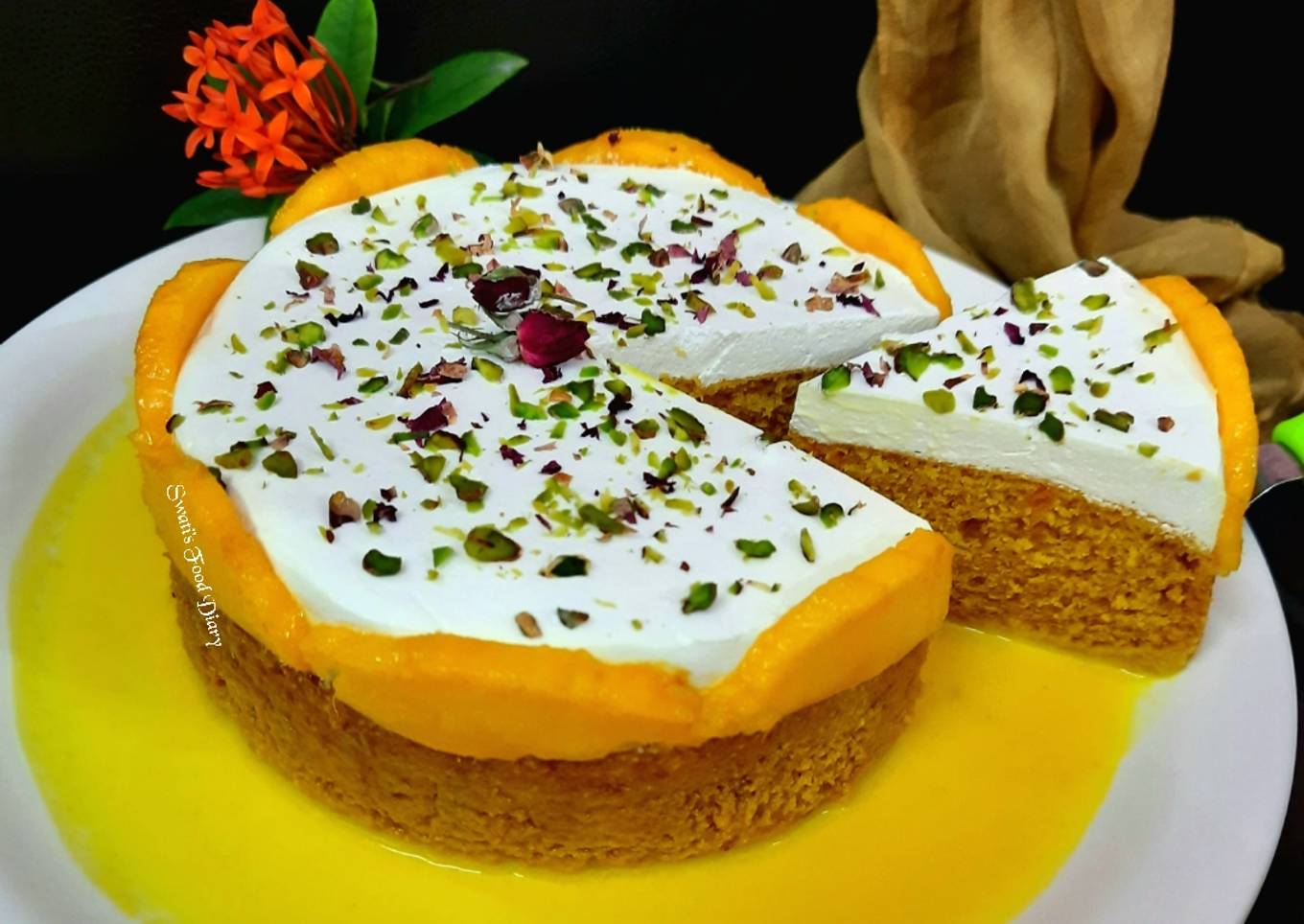 Custard Cake with Mango Milk & Frosting, Eggless