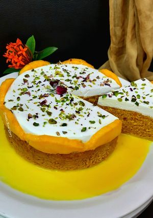 A picture of Custard Cake with Mango Milk & Frosting, Eggless.