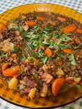 Lentilles vertes au lard, pommes fruits et carottes