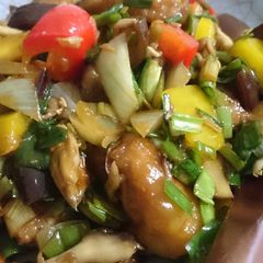 A picture of Sweet and Sour Pork with Tons of Vegetables.