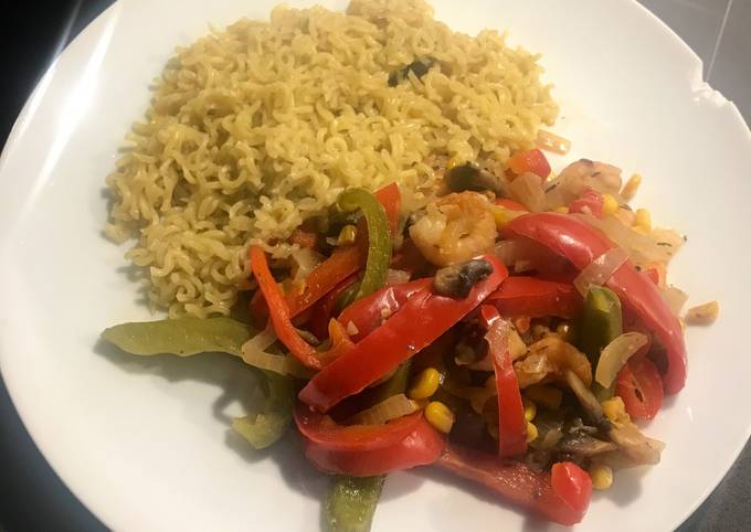 Mushroom and prawn stir fry with noodles