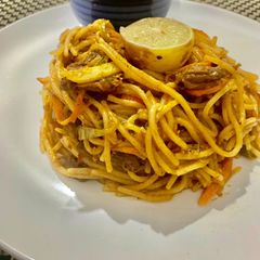 A picture of Beef Thai Style noodles/spaghetti.