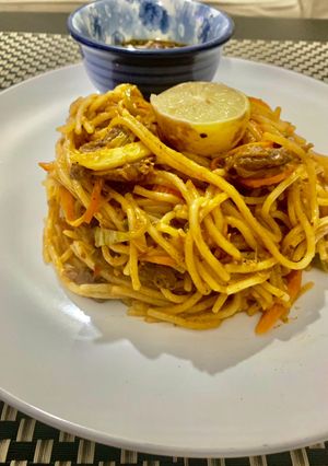 A picture of Beef Thai Style noodles/spaghetti.