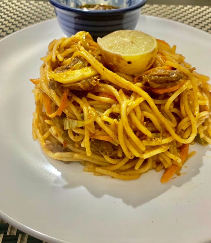 A picture of Beef Thai Style noodles/spaghetti.