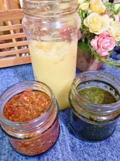 A picture of Ginger garlic paste Green Chutney,Red chilli chutne.