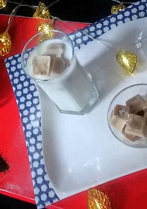 A picture of Iced Coffee: Coffee Ice Cubes and Milk.