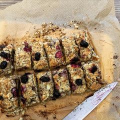 A picture of Healthy flapjacks with chia seeds, fruit and peanut butter.