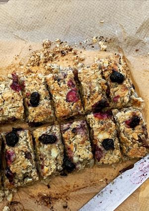A picture of Healthy flapjacks with chia seeds, fruit and peanut butter.