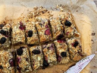 Healthy flapjacks with chia seeds, fruit and peanut butter