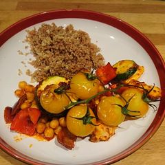 A picture of Roasted Harrissa veggies with halloumi and chickpeas.