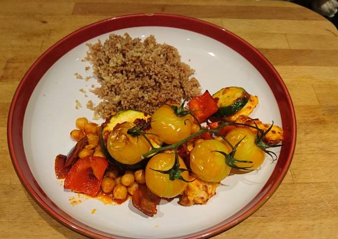 Easiest Way to Make Super Quick Homemade Roasted Harrissa veggies with halloumi and chickpeas