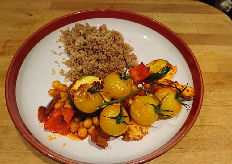 Recipe of Homemade Roasted Harrissa veggies with halloumi and chickpeas