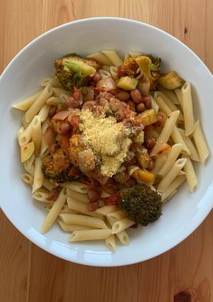 A picture of Red pasta (the sauce is red, not the pasta. Vegan).
