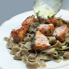 A picture of Creamy Salmon Tagliatelle Recipe. Pasta.
