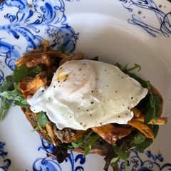 A picture of Mushrooms and poached egg (vegetarian).