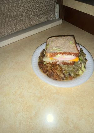 A picture of My second green bean cut casserole onion garlic sandwich.