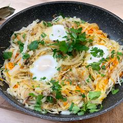 A picture of Just 3 eggs and cabbage. Easy breakfast!.