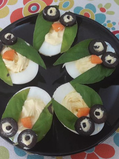 A picture of Halloween Owls (deviled eggs).