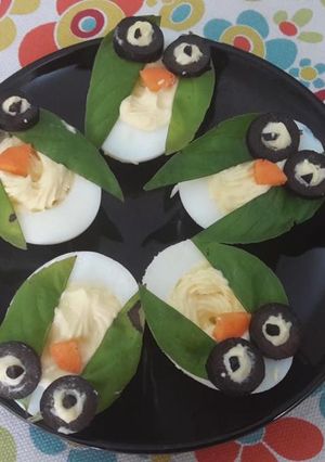 A picture of Halloween Owls (deviled eggs).