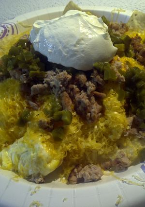 A picture of Breakfast fish nachos.