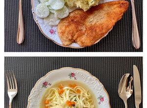 Zdjęcie przepisu Rosół + ziemniaki puree z koperkiem, pierś z kurczaka i mizeria.