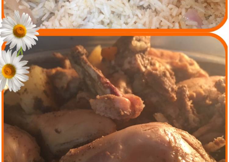 الأرز بحمسة البصل مع الدجاج المحمر