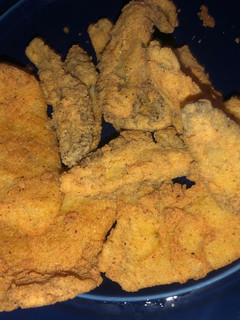 A picture of Fried perch 🎣and morel mushrooms 🍄.