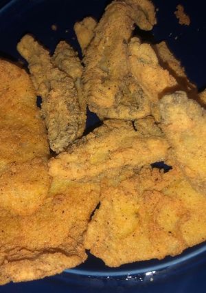 A picture of Fried perch 🎣and morel mushrooms 🍄.
