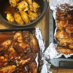 A picture of Wings three ways:Classic BBQSirracha chilliSaffron & truffle.