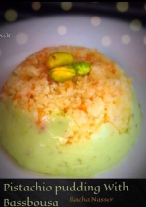 صورة لوصفة مهلبية فستق الحلبي بالبسبوسةPistachio pudding with basbousa