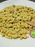 Creamy and delicious pasta Alfredo with mini hot dogs