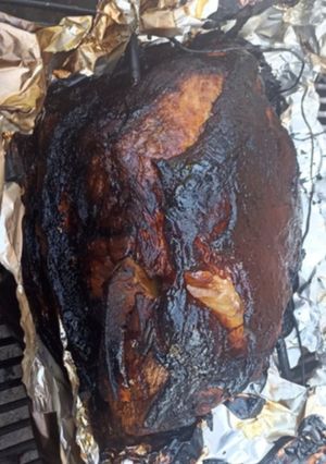 A picture of Pork roast (charcoal slowcook) (10-1/2hr 8.4lbs) vi wrap & rotary.