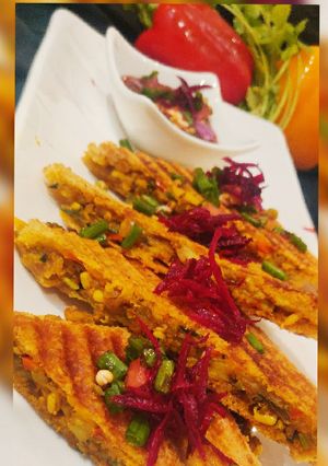 A picture of Spicy sprouts masala sandwich.