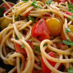 A picture of Super Easy Spaghetti with Anchovies & Fresh Tomatoes for Two.