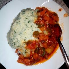 Mashed potatoes with vegie meat stew A picture of Mashed potatoes with vegie meat stew.