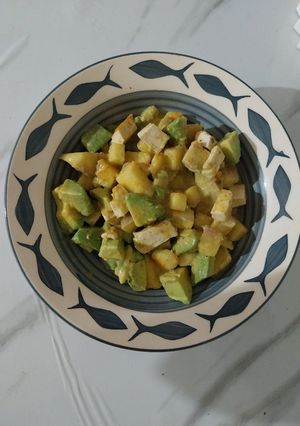 A picture of Sweet potato and Tofu Stir fry with Avocado.