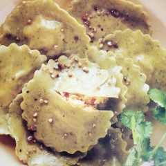 A picture of Mint Bottle Gourd Ravioli with Pumpkin and cheese filling.